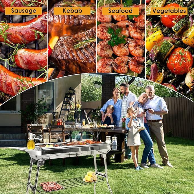 Portable Charcoal Grill, Large Stainless Steel Folding BBQ Grill with Storage Shelf, Foldable Barbecue Grill for Outdoor Cooking Camping Hiking Backyard Garden Picnic Parties Kabob (39x13.4x28 Inch)