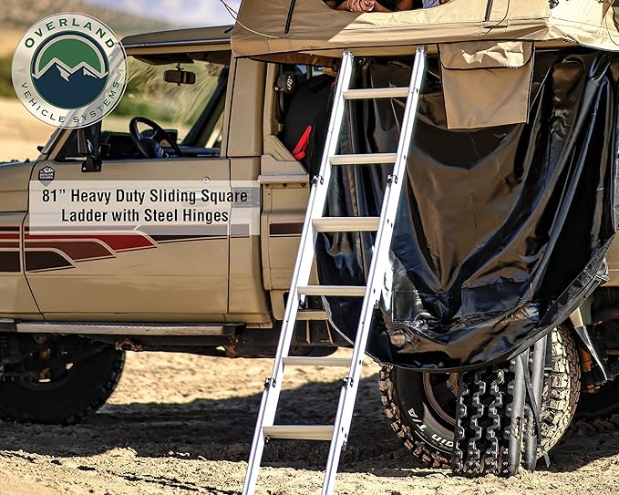 Overland Vehicle Systems TMBK 3 Person Roof Top Tent with Rain Fly Tan Body & Green Rainfly - Black Aluminum Base with Black Ladder - Universal Fitment