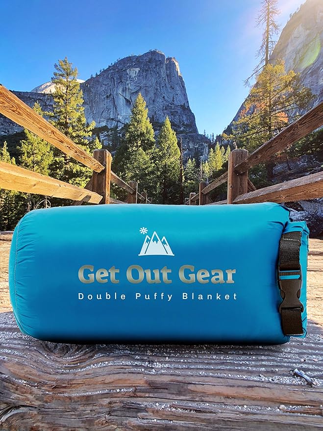 Double Puffy Camping Blanket - Extra Puffy, Packable, Lightweight and Warm | Ideal for Outdoors, Travel, Stadium, Festivals, Beach, Hammock | Water-Resistant Camp Quilt (Teal Blue/Gray)