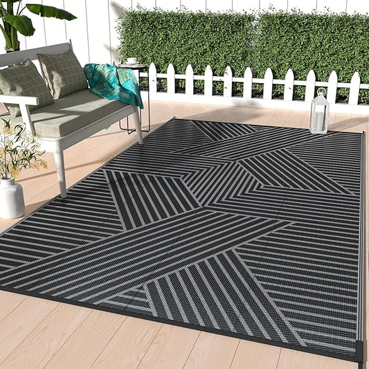 GENIMO Outdoor Rug for Patio Clearance,9'x12' Waterproof Large Mat,Reversible Plastic Camping Rugs,Rv,Porch,Deck,Camper,Balcony,Backyard,Black & Gray