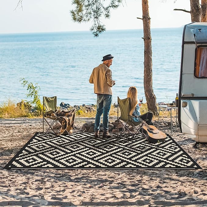 GENIMO Outdoor Rug for Patio Clearance,9'x12' Waterproof Large Mat,Reversible Plastic Camping Rugs,Rv,Porch,Deck,Camper,Balcony,Backyard (Black & Beige)