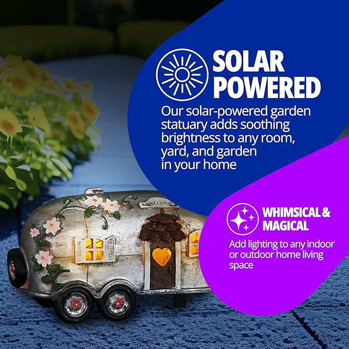 Exhart Garden Sculpture, Solar Vintage Camping Trailer Garden Statue, LED Lights, Outdoor Garden Decoration, 5 x 10 x 6 Inch