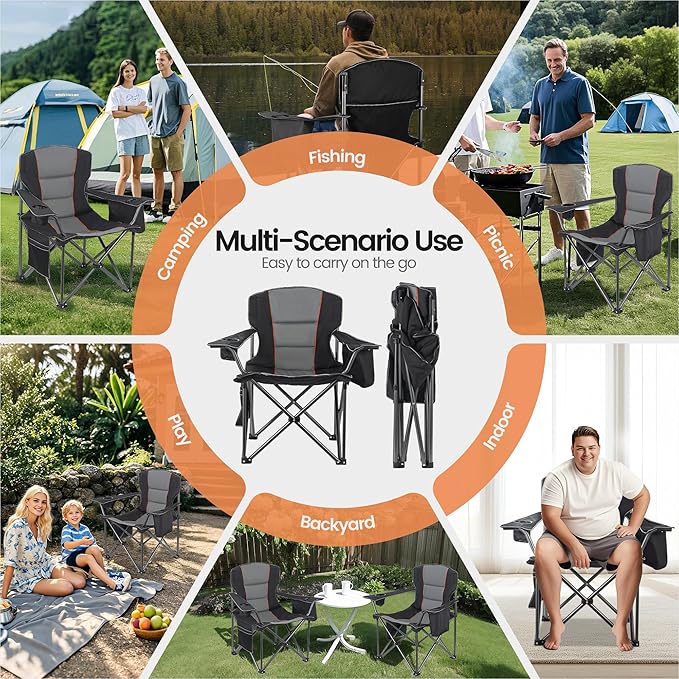 2 Pack Heavy Duty Oversized Camping Chair for Adults 400lbs w/Lumbar Support - Folding Chairs with Side Pocket, Cup Holder & Cooler Bag for Beach, Fishing, Lawn, Backyard Black