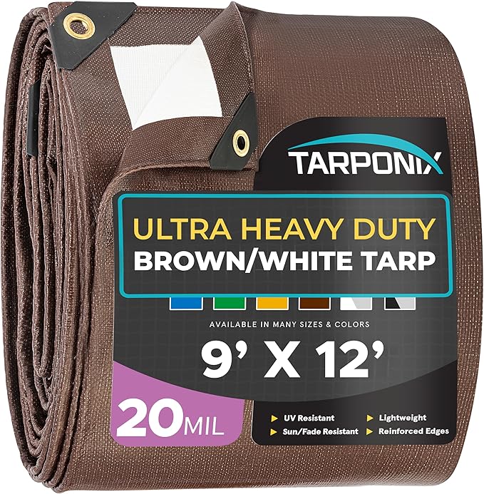 9' x 12' Ultra Heavy Duty Tarp – 20 Mil Brown/White Waterproof Outdoor Cover, UV Protection, Reinforced Corners, Ideal for Camping, Tent, and Outdoor Use