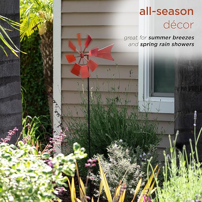 Alpine Corporation 52" Tall Outdoor Metal Windmill Spinner Stake Yard Decoration, Red