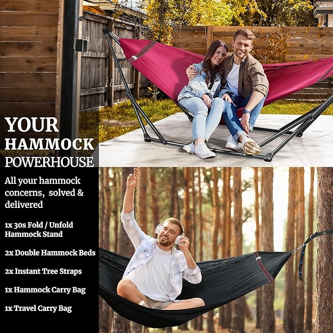 Tranquillo Combo x2 Hammocks with Stand for Outside & Tree Straps, Heavy Duty Hammock with Stand 600lbs for Indoor Outdoor Patio Backyard, x2 Hammocks for 2 Person, Portable Carrying Bags, Red