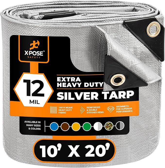Heavy Duty Silver Poly Tarp 10' X 20' - Multipurpose Protective Cover - Durable, Waterproof, Weather Proof, Rip and Tear Resistant - Extra Thick 12 Mil Polyethylene - by Xpose Safety