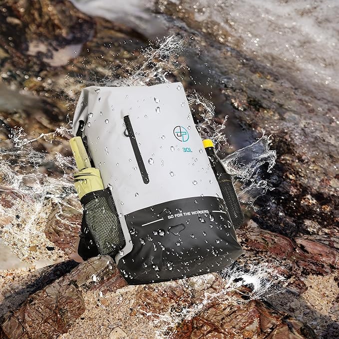 UPWELL Waterproof Dry Bag 30L Boating Backpack for Travel Hiking Camping Bags for Kayaking Hiking Waterproof Bags Swimming Floating Submersible Dry Bag Grey&White
