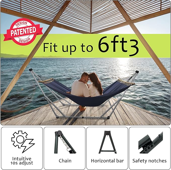 Tranquillo Ultimate Relaxation Portable Hammock Stand, Foldable Hammock Stand with Canvas Hammock, Spreader Bar, Quick Fold Unfold in 30 Seconds Steel Frame Hammock 600 lbs Capacity, White/Navy