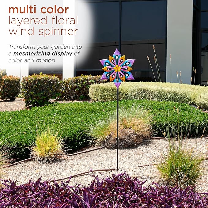Alpine Corporation SLL2338 Metal Layered Floral Wind Spinner Garden Stake, Colorful Decor for Garden, Patio, & Lawn, 54" H