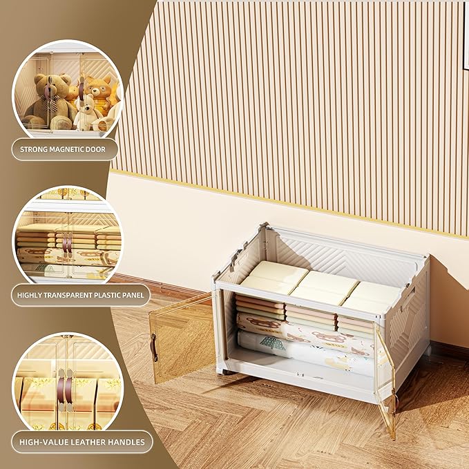 104 QT / 26 Gal Stackable Collapsible Storage Bins with Magnetic Doors & Wheels - Space-Saving Plastic Organizer Cabinet for Closet, Office, Home (White)