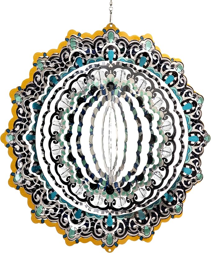 Exhart Wind Spinner, Blue and Black Mandala Hanging Wind Sculpture, 3D Laser Cut Patterns with Bead Details, Metal Outdoor Garden Decoration, Multicolor Lawn and Yard Art, 12 Inch