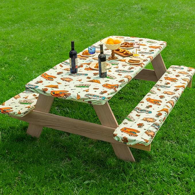 72 X 30 Inch Elastic Fitted Camping Table Cover with Bench Covers & Storage Bag, Picnic Tablecloth, Fits 6ft Picnic Tables, Polyester, Washable, Spill Resistant, Waterproof - Vintage