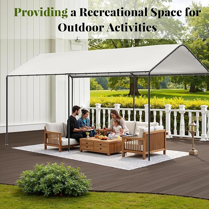 Carport, 10‘ x 20’ Heavy Duty Portable Garage All-Season Car Canopy w/Removable Sidewall & Doors, Carport Canopy Party Tent w/Water-Resistant Tarp for Backyard (White, 10' x 20' /no Side)