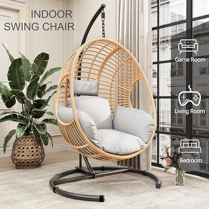 Oversized Hanging Egg Chair Set of 2 Outdoor Indoor, Wicker Swing Egg Chair with Stand 400lbs Capacity for Bedroom, Patio, Garden and Balcony