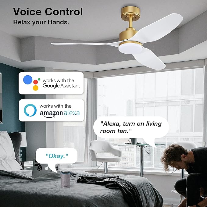 48 Inch Smart Ceiling Fans with Lights and Remote Control,Dimmable LED Light,Outdoor Indoor Gold White Ceiling Fan,Quiet DC Motor,WIFI Alexa App Workable,for Modern Bedroom Living Room Patio