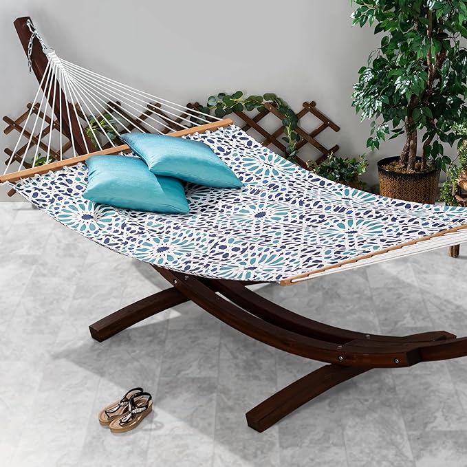 Fab Habitat Farmhouse Recycled Polyester Hammock - Mosaic Tile - Blue - Indoor/Outdoor, Quick Dry, 2 Person 460 lbs Capacity - Patio, Poolside, Backyard, Garden, Beach, Balcony - 12-14 ft Adjustable