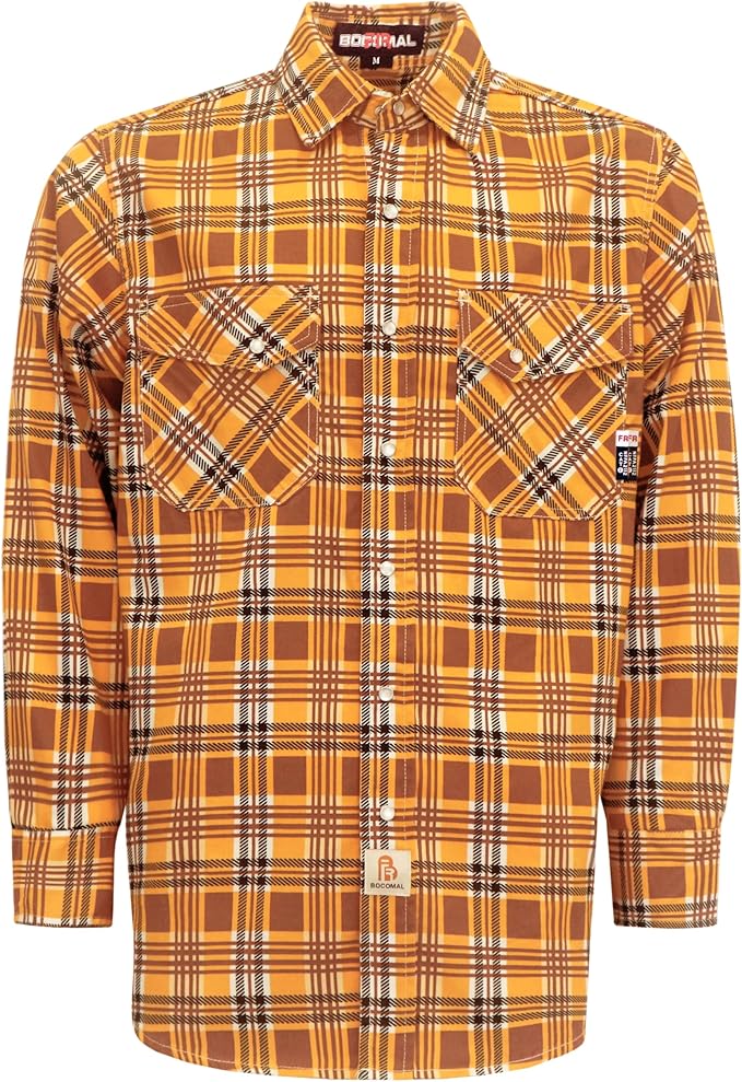 BOCOMAL FR Shirts for Men Printed Plaid Flame Resistant NFPA2112/CAT2 6.5oz Lightweight Fire Retardant Shirt