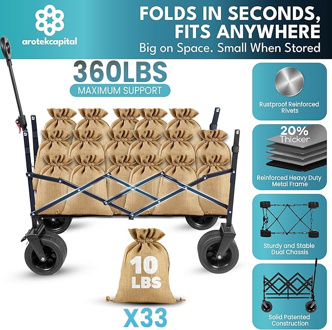 Collapsible Foldable Wagon Cart, 440lbs Heavy Duty Utility Wagon with All-Terrain Wheels, Folding Outdoor Cart with Brakes for Beach, Sports, Camping, Garden, Shopping – Black