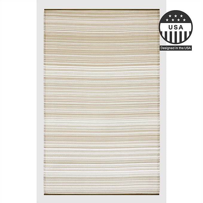 FH Home Outdoor Camping Rug - Waterproof, Fade Resistant, Reversible - Premium Recycled Plastic - Striped - Large Patio, Deck, Sunroom, RV - Havana - Beige - 5 x 8 ft Foldable