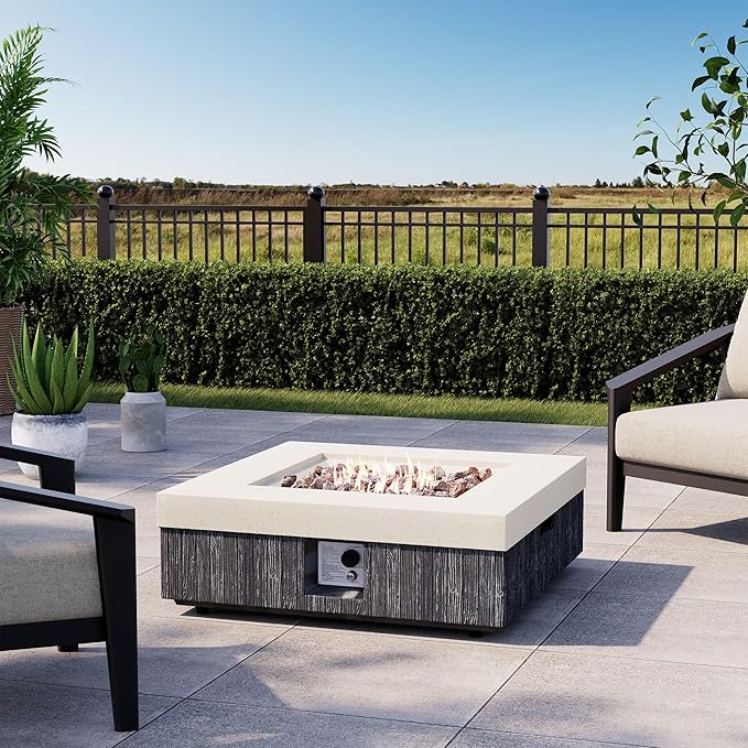 COSIEST 35" Outdoor Propane Fire Pit Table Square Gas Fire Pit Table with Concrete & Wood Grain Design, 50000BTU CSA Certified Electronic Ignition Fire Tables for Patio, Backyard, Garden Heating