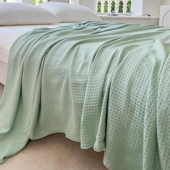 AmyHomie Cooling Blanket King Size, 100% Rayon Derived from Bamboo, Cool Summer Blanket for Hot Sleepers Soft Comfy Waffle Lightweight Blankets for All Seasons(108×90in,Sage Green)