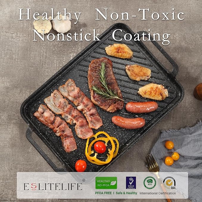 ESLITE LIFE 11" x 17" Nonstick Grill Pan for Indoor Cooking & Outdoor Grilling, Versatile 2-In-1 Induction Large Steak Pan for Stove Tops, PFOA Free, Black