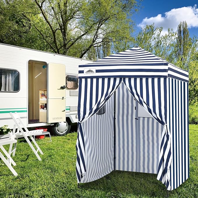 EAGLE PEAK EAGLE PEAK Flex Ultra Compact Pop-up Canopy, Sun Shelter, Changing Room, Portable Privacy Canopy Cabana, 5x5ft Canopy Tent, for Pool, Fashion Photoshoots, or Camping White/Blue