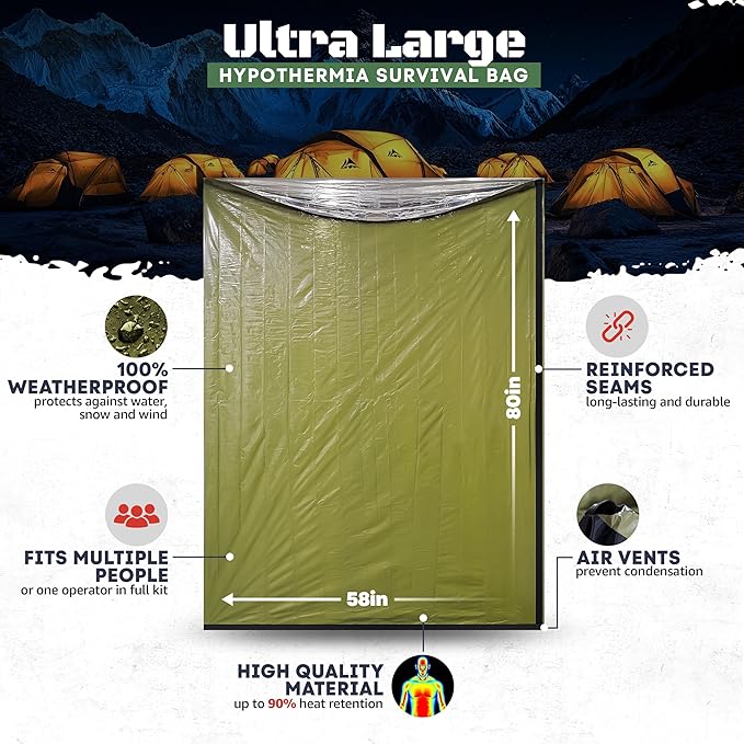 Ultra-Large Emergency Sleeping Bag for Survival - Hypothermia Prevention & Shelter - Multi-Person Bivvy Sack - Ideal Survival Gear, Emergency Bivy Camping Essentials