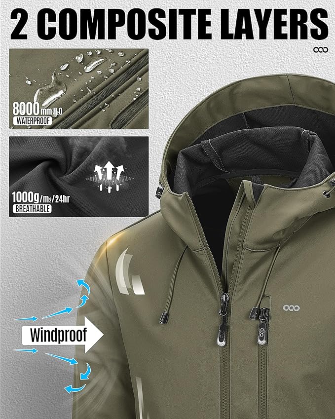 33,000ft Men's Softshell Jacket with Hood Waterproof Windbreaker Lightweight Rain Shell Jacket for Outdoor Hiking Travel