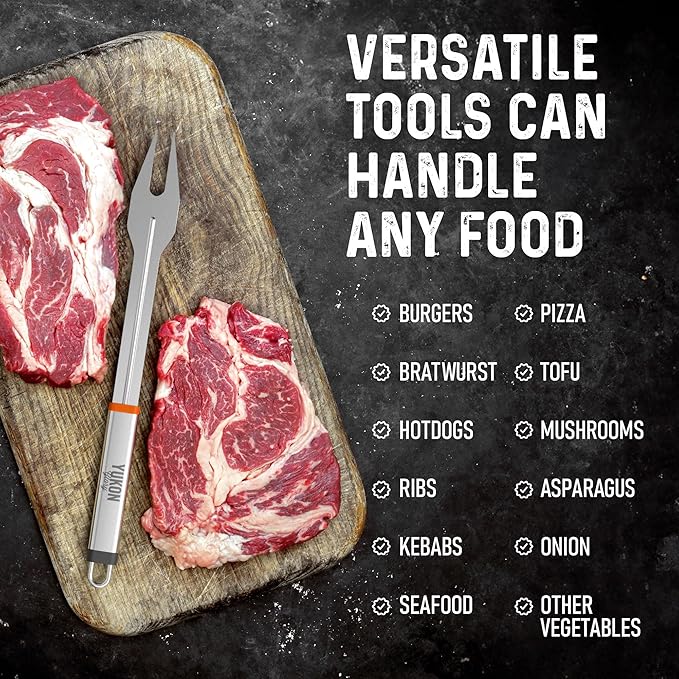 Stainless Steel BBQ Tool Set with Rotating Stand & Drip Pan | Grill Tool Kit Complete with Spatula, Tongs, Fork, Brush | Durable, Easy to Clean Grilling Kit | Essential BBQ Tools