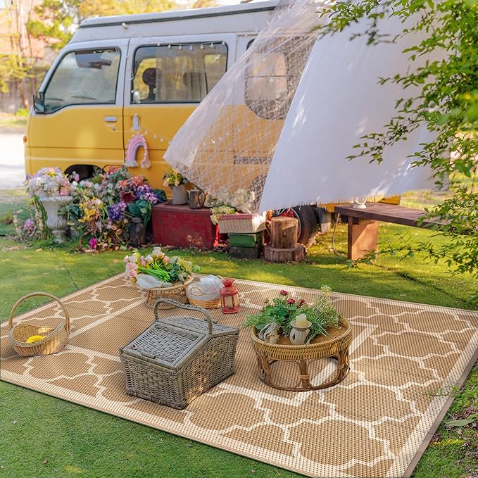 GENIMO 5' x 8' Outdoor Rug Waterproof for Patio Decor, Foldable Reversible Plastic Straw Area Rugs Mat for Camper, Outside Carpet for Rv, Deck, Porch, Picnic, Beach, Balcony, Brown & Beige