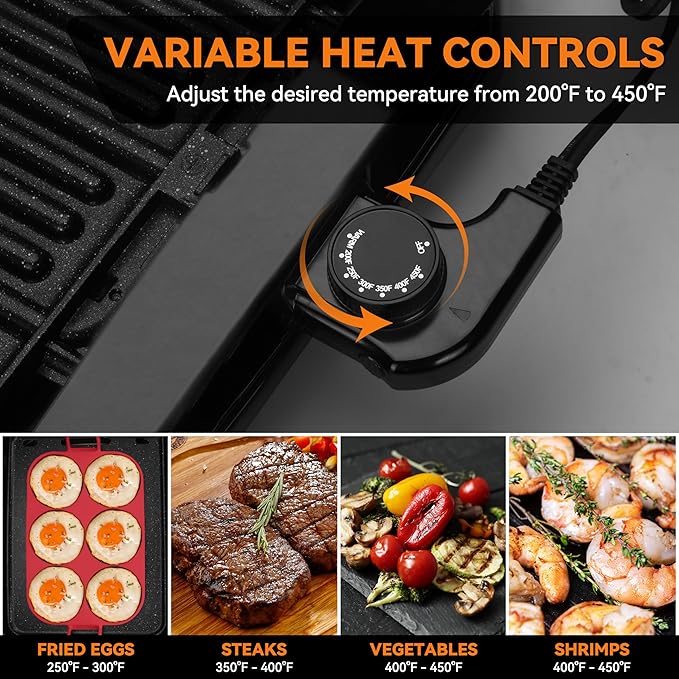 Baker’s Friend Indoor Griddle & Grill, Electric Griddle with 2 in 1 Indoor Grill and Griddle Plate Indoor Grill with Removable Plate, Silicone Mold, Dishwasher Safe, Recipes Include, Graphite