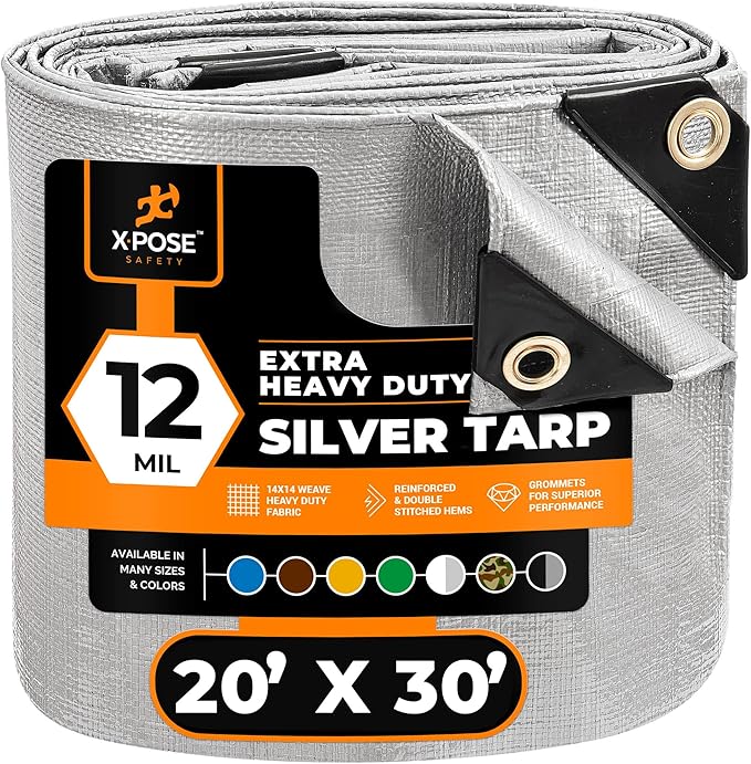 Heavy Duty Silver Poly Tarp 20' X 30' - Multipurpose Protective Cover - Durable, Waterproof, Weather Proof, Rip and Tear Resistant - Extra Thick 12 Mil Polyethylene - by Xpose Safety