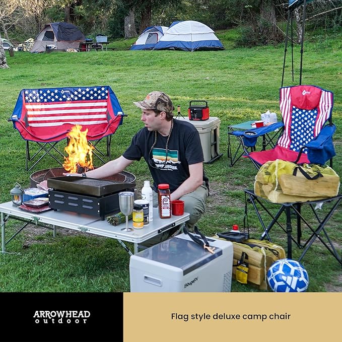 ARROWHEAD OUTDOOR Portable Folding Camping Quad Chair w/ 6-Can Cooler, Cup & Wine Glass Holders, Heavy-Duty Carrying Bag, Padded Armrests, Headrest & Seat, Supports up to 550lbs, USA-Based Support