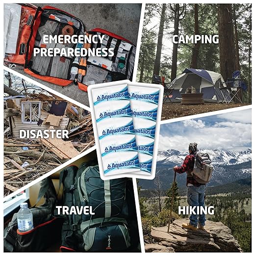 Aquatabs 49mg Water Purification Tablets (100 Pack). Water Filtration System for Hiking, Backpacking, Camping, Emergencies, Survival, and Home-Use. Easy to Use Treatment and Disinfection.