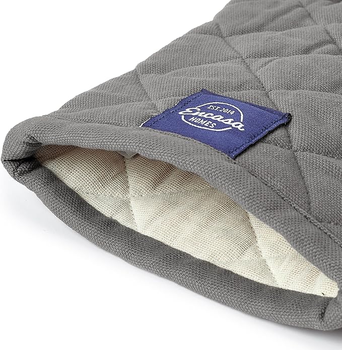 Encasa XO Heat Resistant Cotton Oven Gloves Mitts (2 Pc Set) - Quilted & Safe 12x7 in - for Kitchen, Cooking & Baking, Grilling, Handling Hot Pots & Pans - Grey