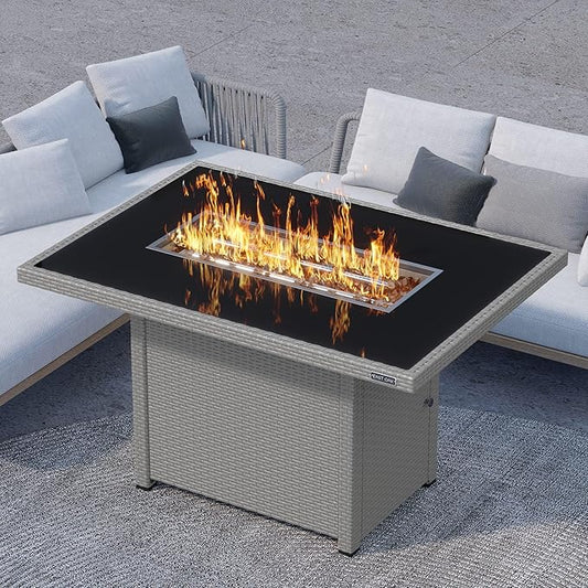 EAST OAK 44'' Propane Fire Pit Table, 60,000 BTU Gas Fire Table w/Aluminum Frame, H Type Burner and Tempered Glass Tabletop, CSA Listed Outdoor Patio Firepit, Fire Glass and Lid, Grey