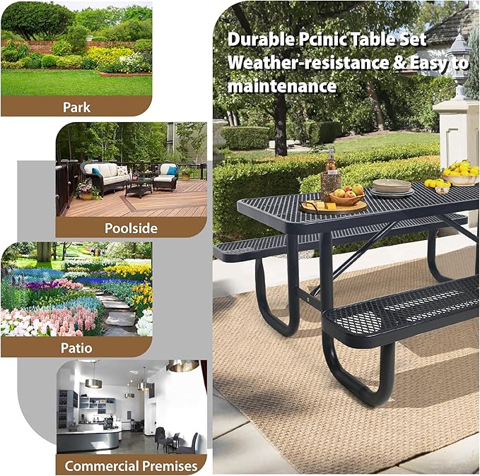 6FT Metal Picnic Tables for Outdoors, Commercial Rectangular Picnic Table and Bench Set for Outside, Patio, Garden, Backyard, Porch, Surface Mount, Black