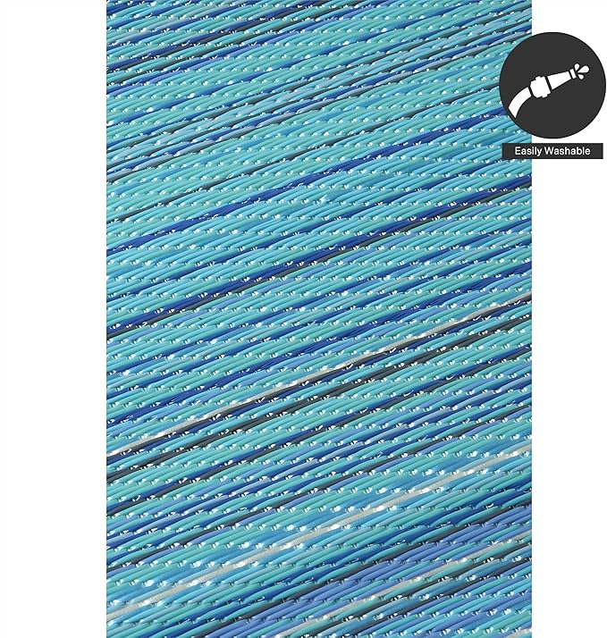FH Home Outdoor Camping Rug - Waterproof, Fade Resistant, Reversible - Premium Recycled Plastic - Striped - Large Patio, Deck, Sunroom, RV - Havana - Turquoise - 9 x 12 ft Foldable