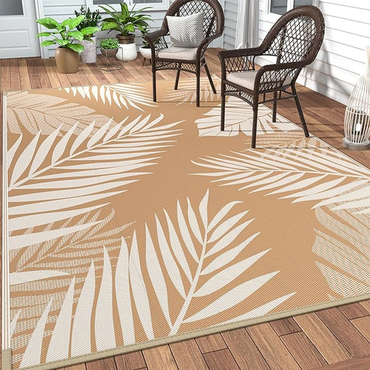 GENIMO Outdoor Rug 6' x 9' Waterproof for Patios Clearance, Reversible Outdoor Plastic Straw Camping Rug Carpet, Large Area Rugs Mats for RV, Camper, Deck, Balcony, Porch, Beach, Picnic, Brown&Beige