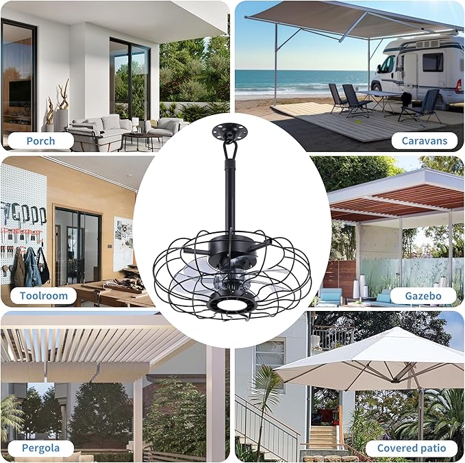 15" Outdoor Ceiling Fans with Lights and Remote,Black Waterproof Gazebo Fan, Plug in Ceiling Fan with 3 Color LED Light, Portable Hanging Gazebo Fans with Plug in Cord Hook for Patios