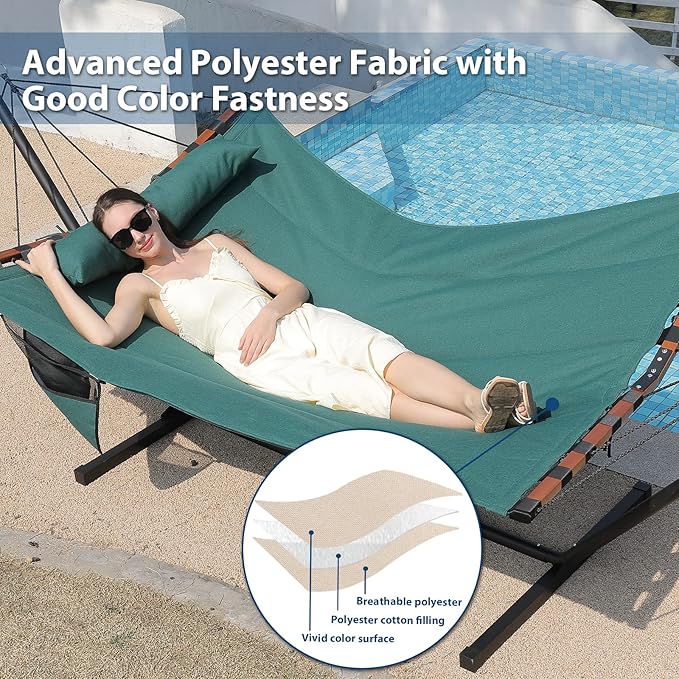 TegerDeger 12FT 2 Person Hammock with Stand Included 55 x 79IN Large Hammock 450LB Capacity with Hardwood Spreader Bar & Nylon Rope for Outside, Patio, Garden, Backyard, Beach, Poolside - Dark Green