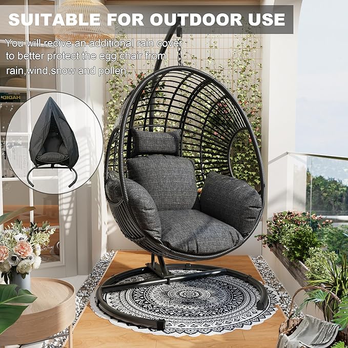 Oversized Hanging Egg Chair Outdoor Indoor, Wicker Swing Egg Chair with Stand 400lbs Capacity for Bedroom, Patio, Garden and Balcony (Black-Regular, Oversize)