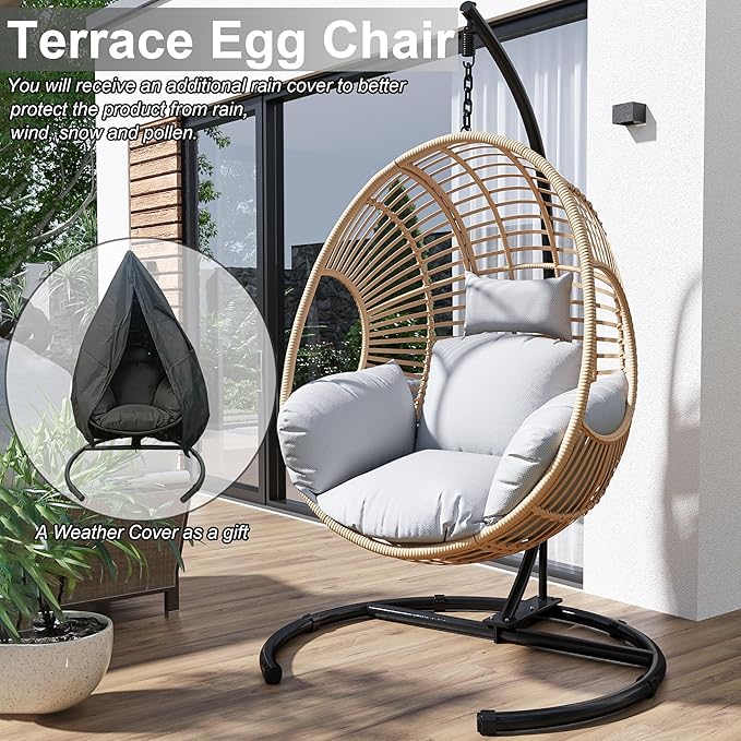 Hanging Egg Chair with Stand - Egg Swing Chair Outdoor Indoor Patio Wicker Chair Swing Hammock Egg Chairs 400lbs Capacity for Outside Patio, Bedroom, Garden and Balcony (Beige-Regular, 2P)