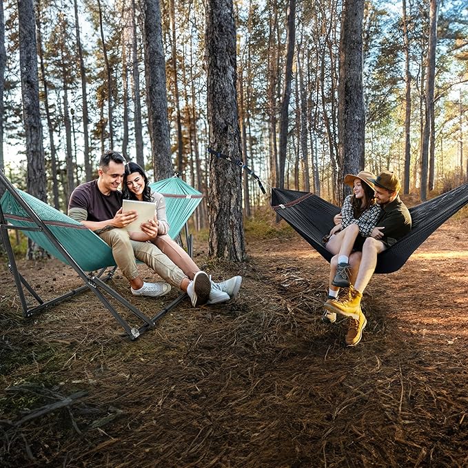 Tranquillo Combo x2 Hammocks with Stand for Outside & Tree Straps, Heavy Duty Hammock with Stand 600lbs for Indoor Outdoor Patio Backyard, x2 Hammocks for 2 Person, Portable Carrying Bags, Sky