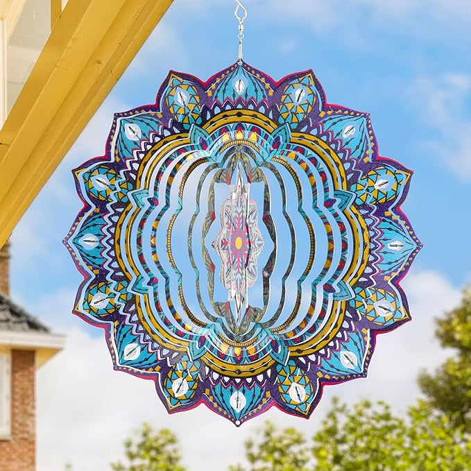 Exhart Wind Spinner, Starburst Mandala Wind Sculpture, 3D Laser Cut Patterns with Bead Details, Metal Outdoor Garden Decoration, Multicolor Lawn and Yard Art, 12 Inch