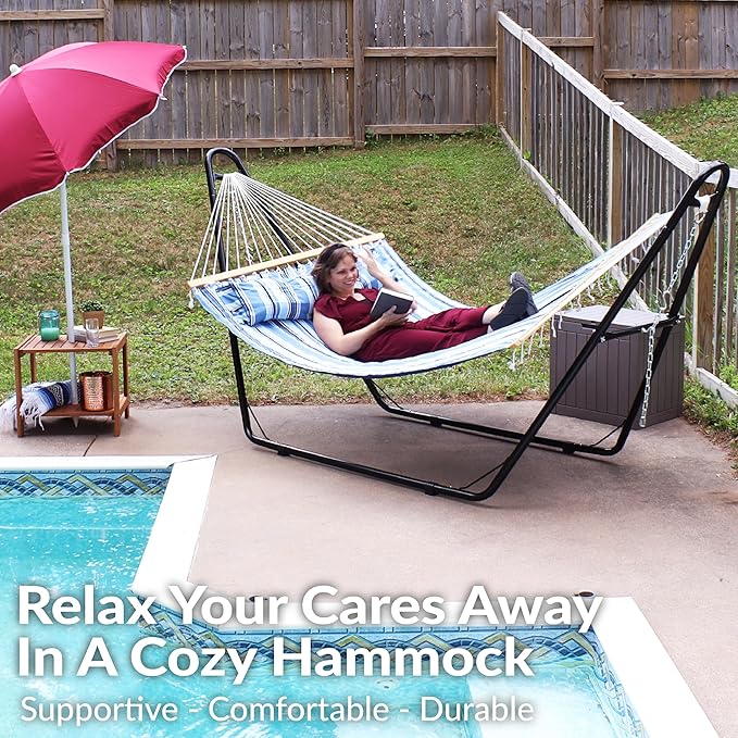 Sunnydaze Double Quilted Fabric Hammock with Universal Steel Stand - 450-Pound Capacity - Black Stand - Misty Beach