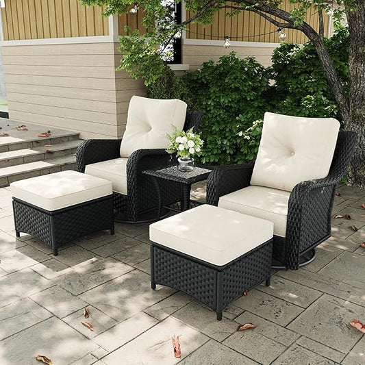 5 Pieces Outdoor Patio Furniture Sets with Rocking Swivel Chairs with 6-inch Thick Cushion and Side Table for Deck Lawn