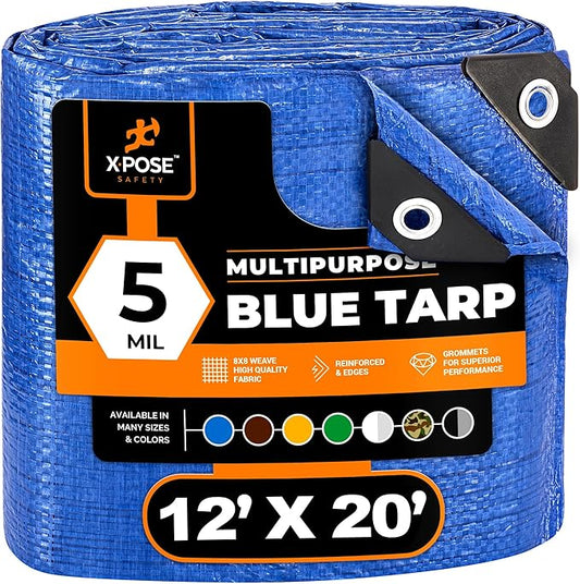 Better Blue Poly Tarp 12' x 20' - Multipurpose Protective Cover - Lightweight, Durable, Waterproof, Weather Proof - 5 Mil Thick Polyethylene - by Xpose Safety